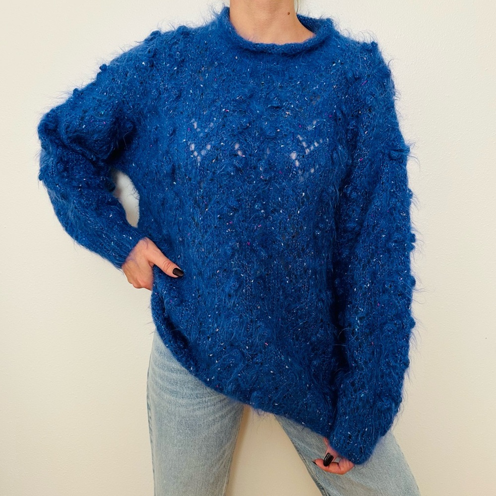 Vintage Icelandic Design Sweater Roll Crew Neck Fuzzy Mohair Blend Cozy Cobalt
